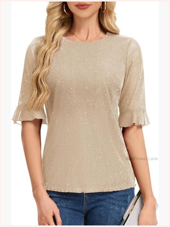 Tops - Women's Sparkly Sequin Bell Sleeve Blouse Tunic Tops